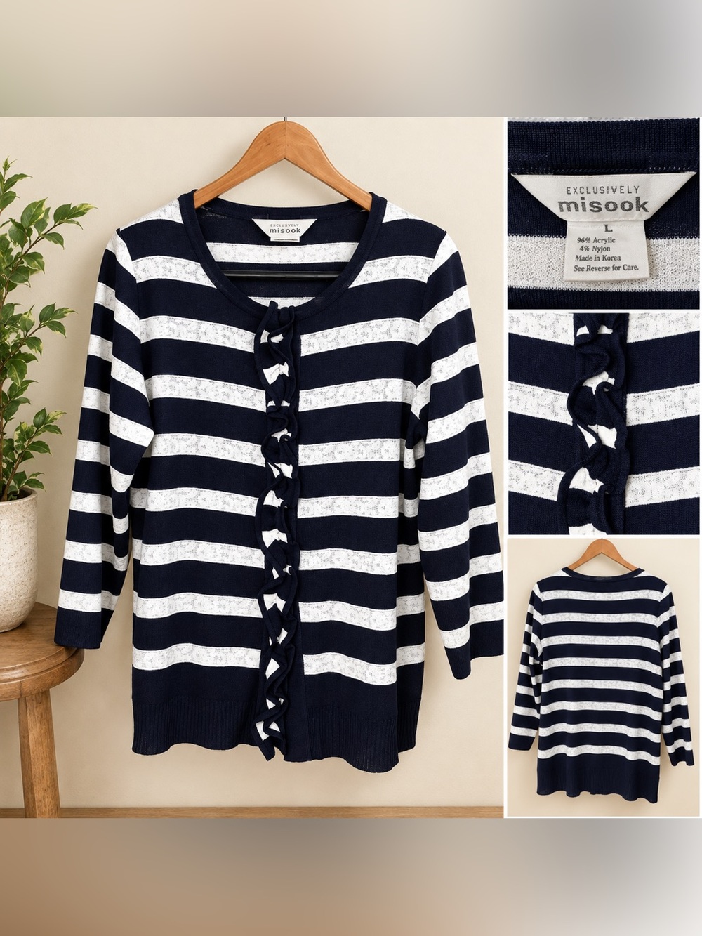 Exclusively Misook Size L Top Jacket Shirt Lace Ruffle Snap Navy Stripe Nautical